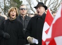 Former Swiss minister Blocher and his wife Silvia sing national anthem during manifestation 'Twenty Years No To The European Economic Area' in Biel