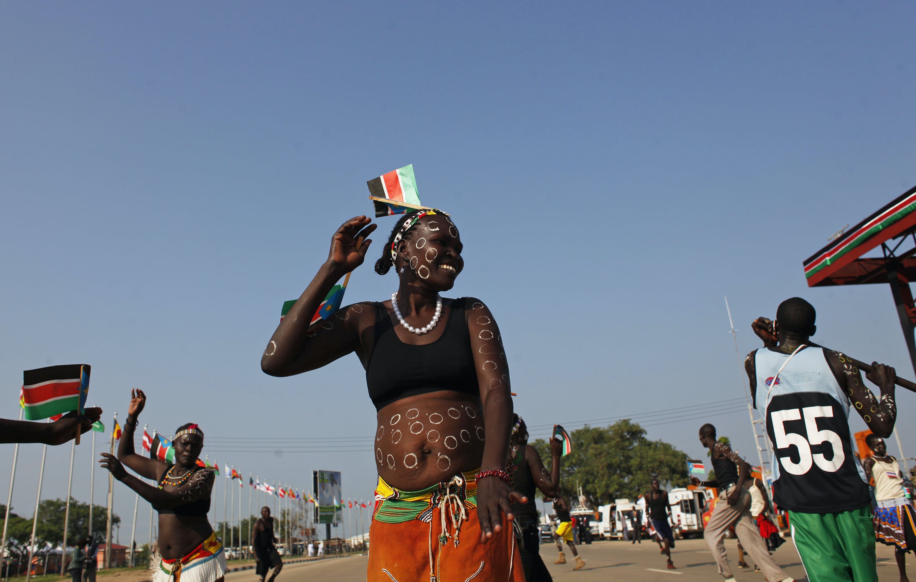A traditional dancer takes part in celebrations marking the third anniversary of South Sudan's independence, in Juba
