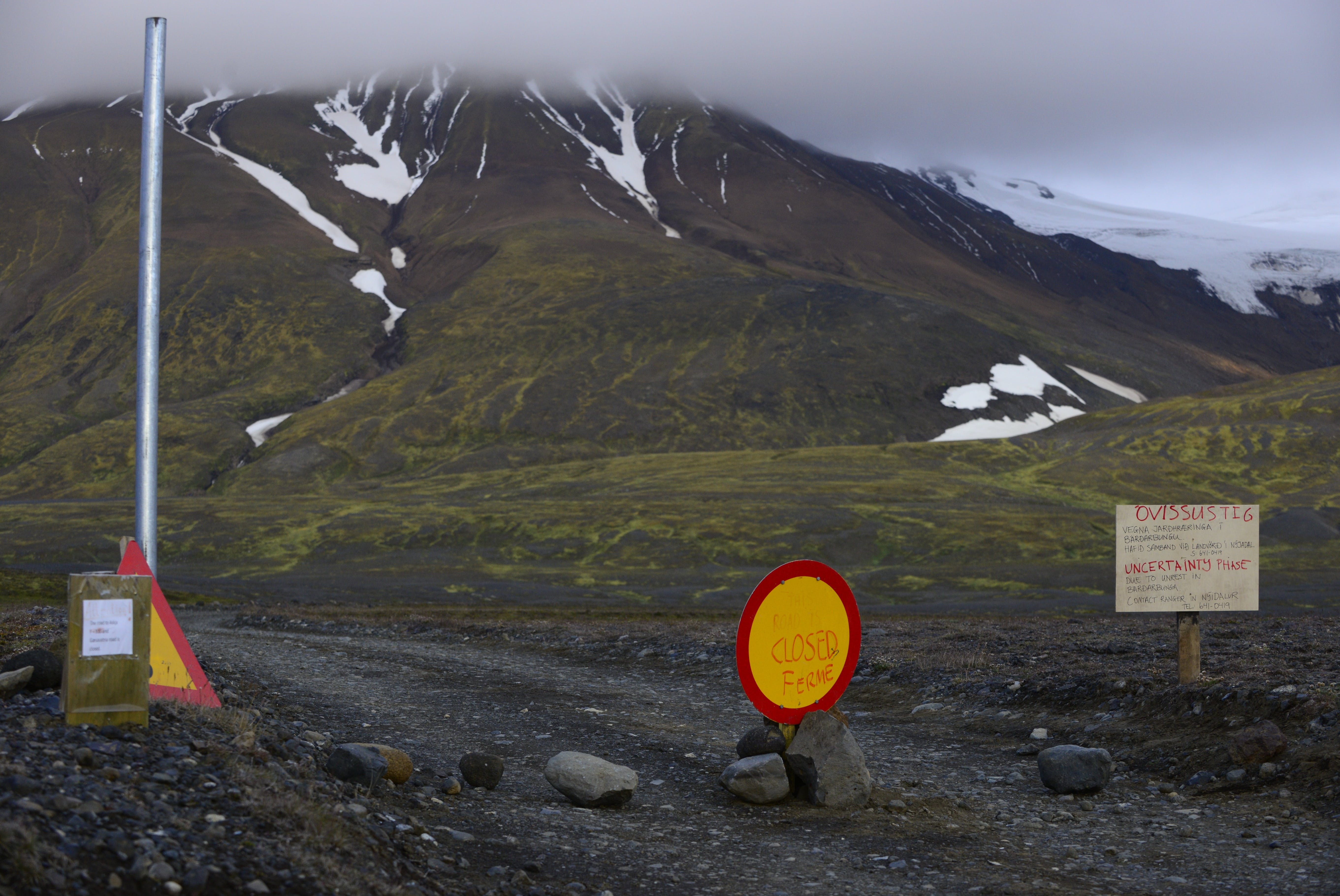 Warning signs block the road to Bardarbunga volcano in the north-west region of the Vatnajokull glacier
