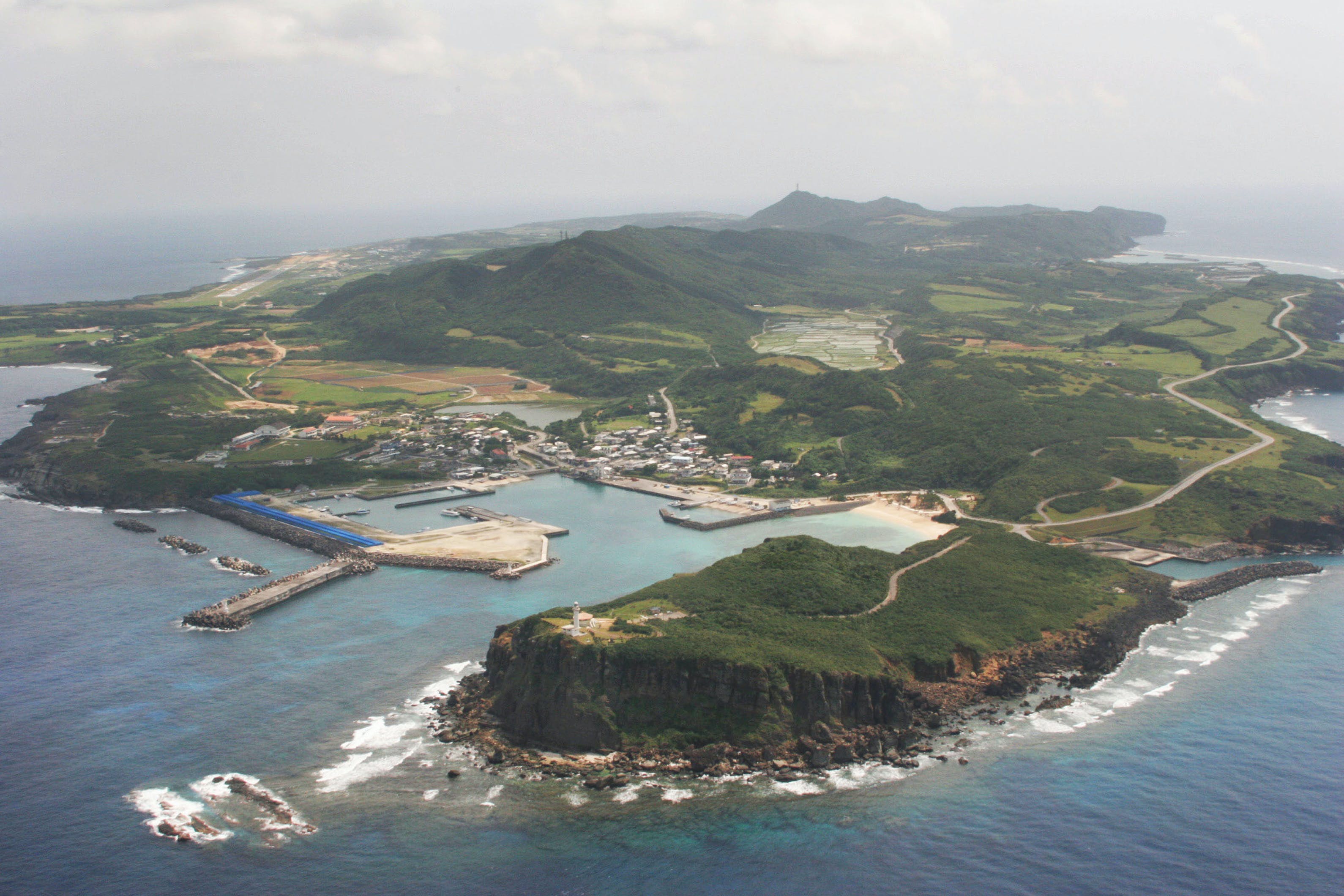 An aerial view shows Yonaguni island, Okinawa prefecture