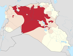 深紅：伊斯蘭國控制的區域、淺紅：伊斯蘭國聲稱的領土、淺黃：伊拉克和敘利亞剩餘部分｜Photo Credit: Wikimedia Commons CC BY SA 3.0