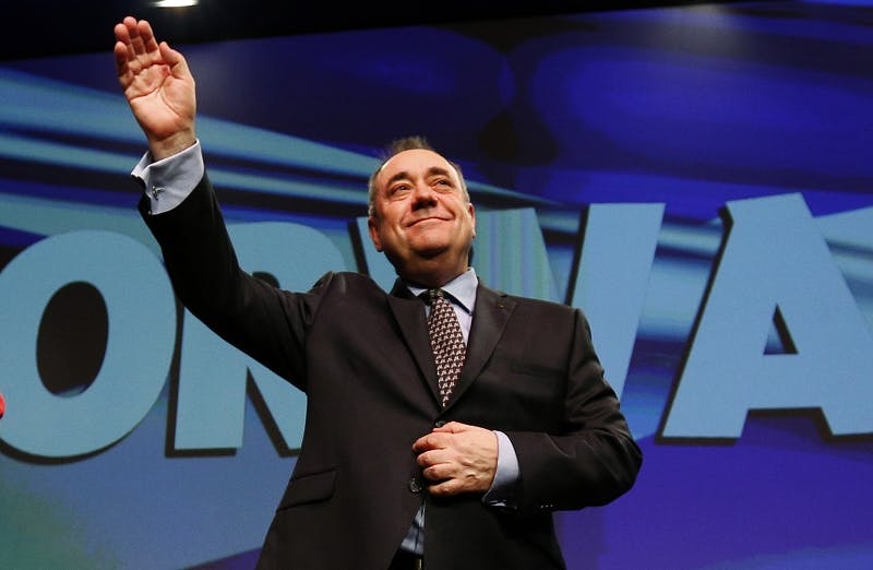 Scotland's First Minister Salmond acknowledges applause following his speech at the SNP Spring Conference in Aberdeen