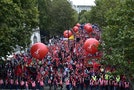 Thousands of protestors march along Victoria Embankment in central London