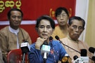 Myanmar's pro-democracy leader Suu Kyi listens as reporter asks her a question during a news conference in Yangon