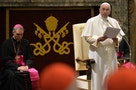 Pope Francis talks during an audience for Christmas greetings to the Curia in the Clementina hall at the Vatican