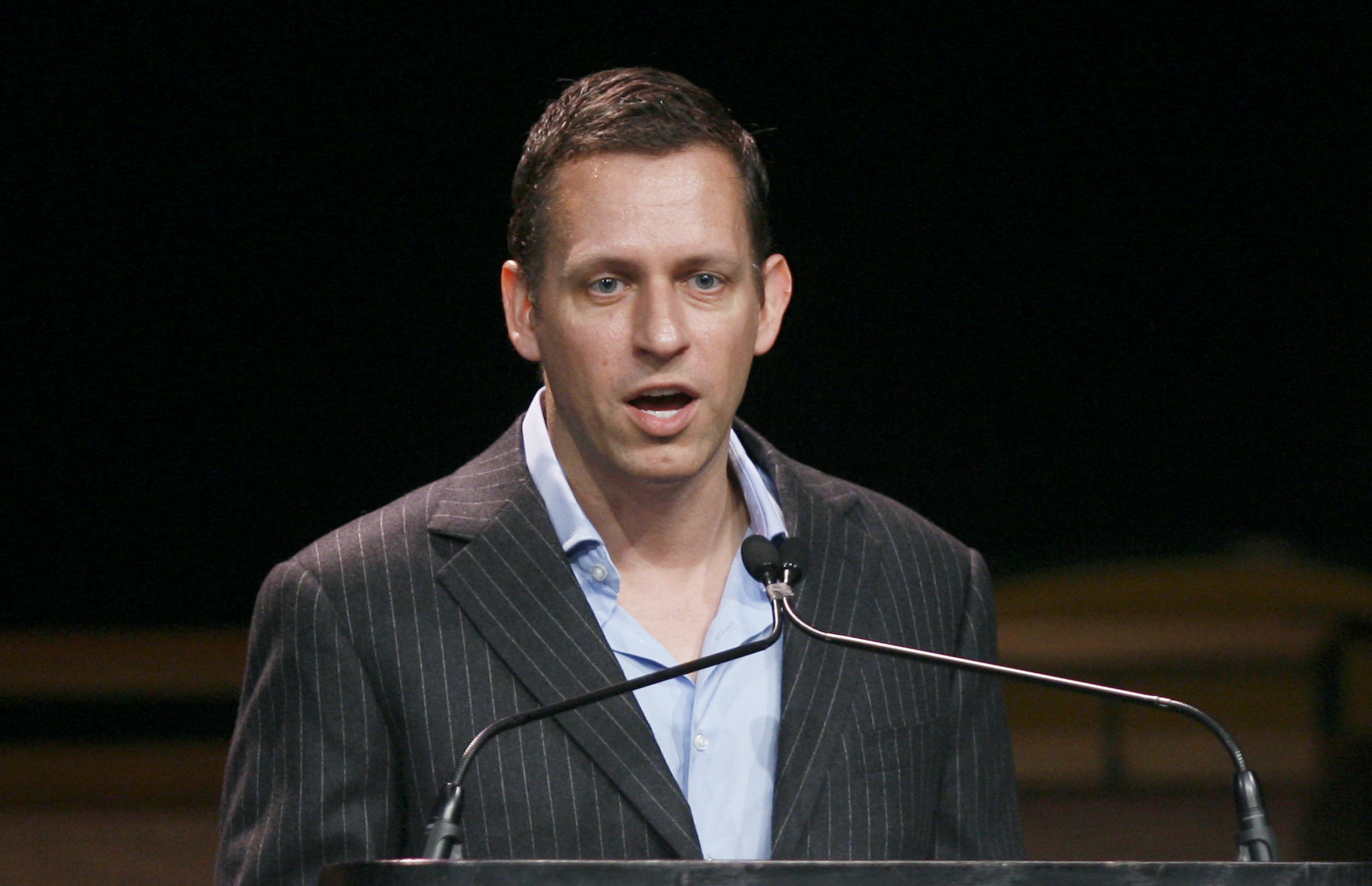 Peter Thiel of Clarium Capital speaks during the Ira W. Sohn investment research conference in New York