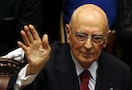 Italy's newly re-elected president Napolitano waves at the end of his speech at the lower house of the parliament in Rome