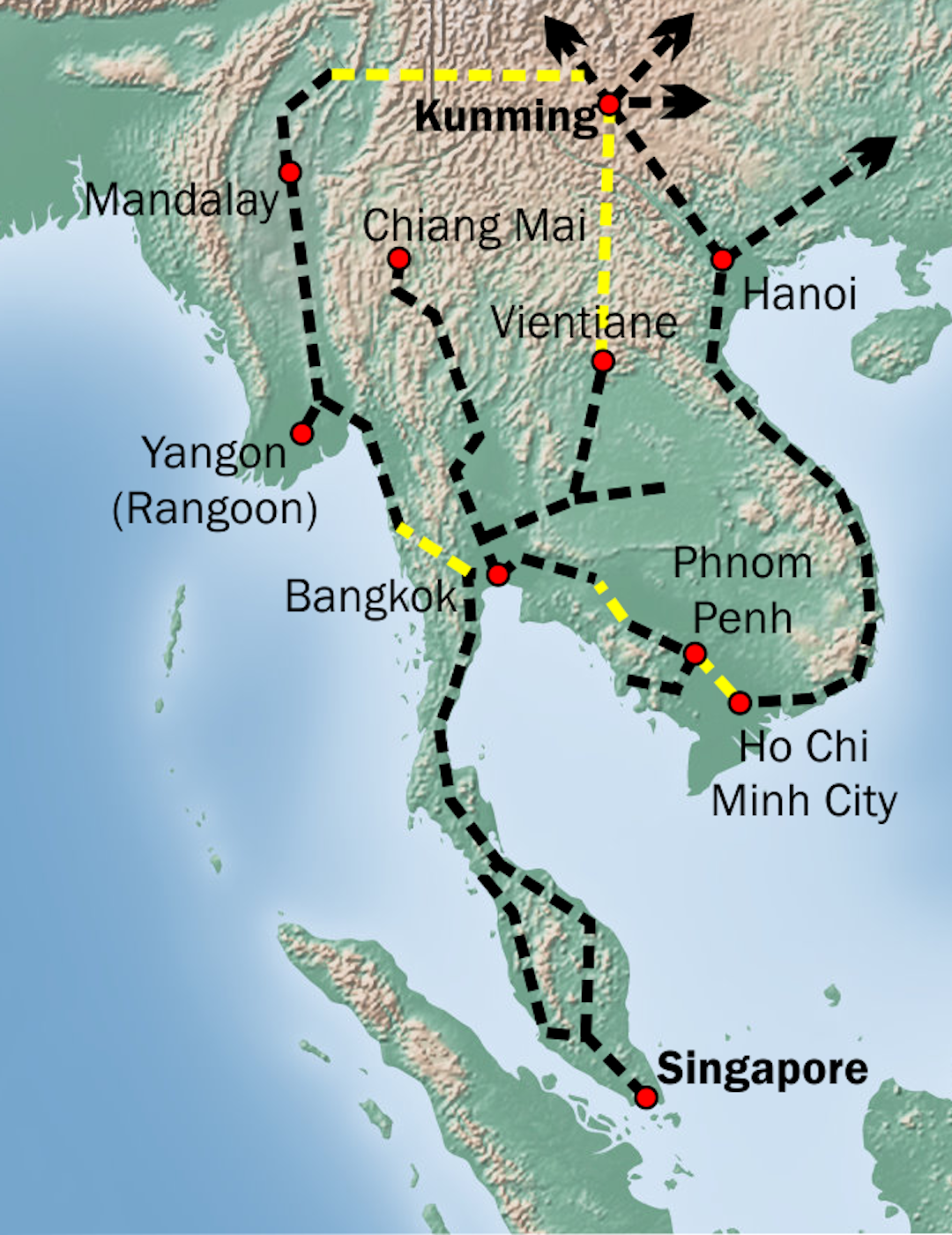Overview of the missing links (in yellow) the Kunming-Singapore Railway