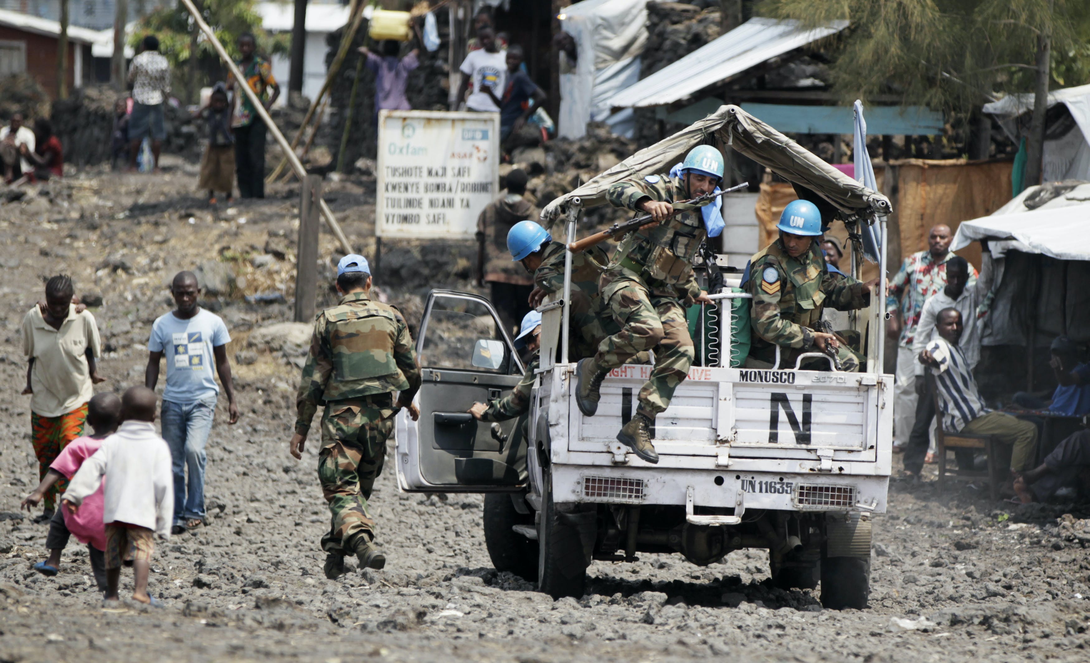 U.N. peacekeepers from India patrol the Mugunga III camp for internally displaced people near Goma