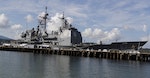 The USS Shiloh (CG-67), a U.S. Navy guided-missile cruiser, is docked at a port along Subic Bay, Zambales