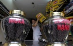 Coffee beans are displayed for sale at Duy Dung coffee shop in Hanoi