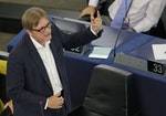 Verhofstadt, President of the Group of the Alliance of Liberals and Democrats for Europe, addresses the European Parliament during a debate on Greece in Strasbourg