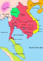 紅色：高棉帝國、淺綠色：駭黎朋猜、黃色：占婆。Photo Credit：Javierfv1212 CC CC0 1.0 