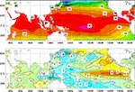 (上) 10月份海面平均溫度。(下) 與1981-2010的比較。PHOTO CREDIT: 日本氣象廳