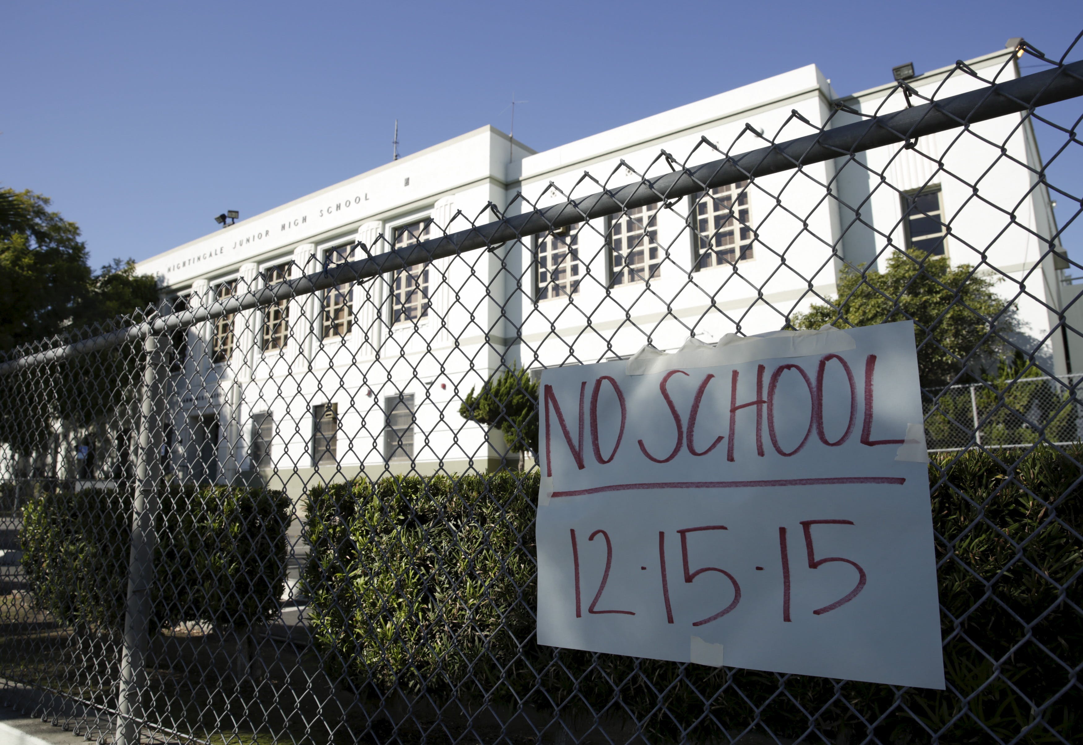 A no-school sign is pictured at Florence Nightingale Middle School in the Cypress Park neighborhood of Los Angeles
