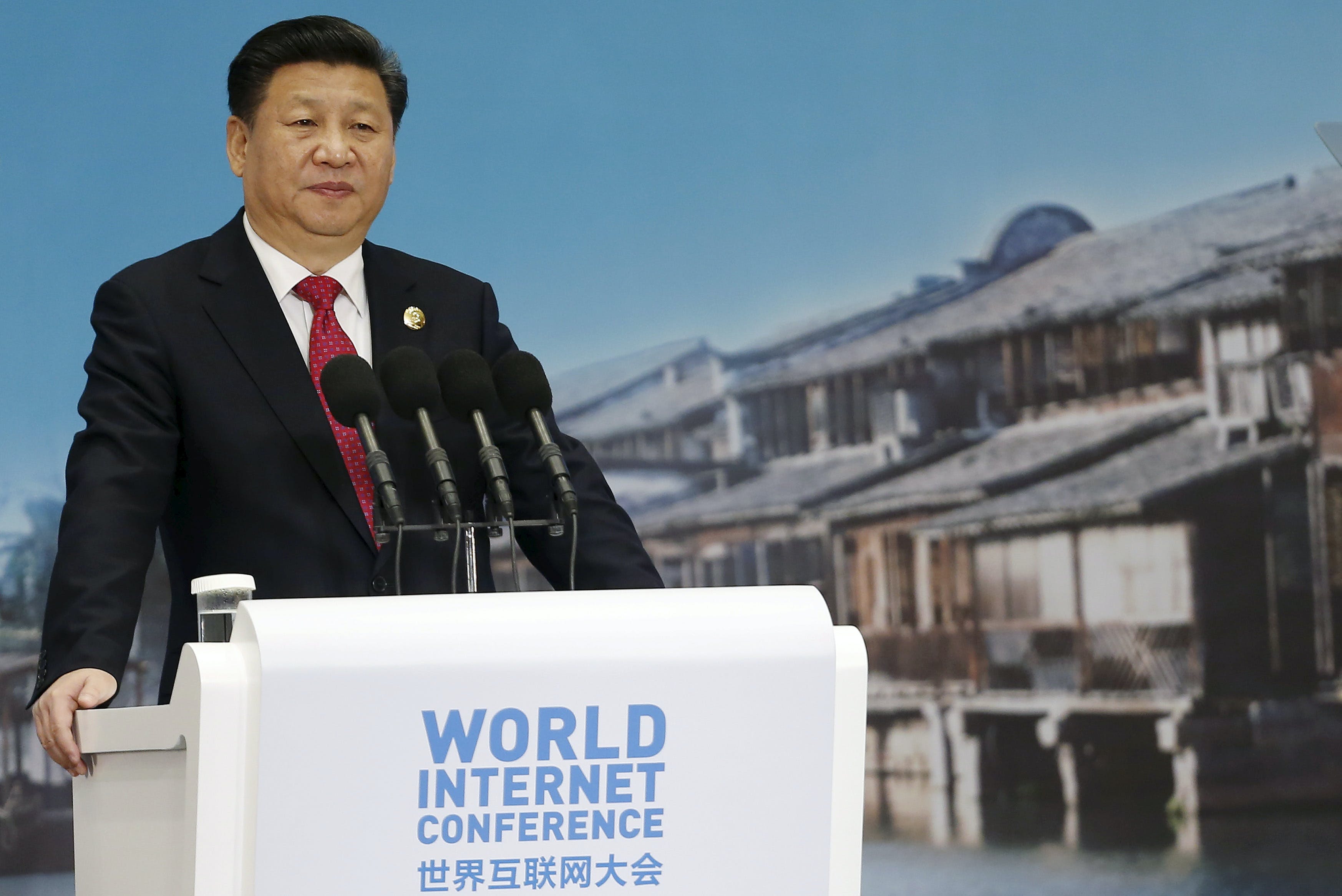 China's President Xi Jinping speaks during the opening ceremony of the 2nd annual World Internet Conference in Wuzhen town