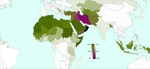 深綠：遜尼派（Sunni）、紫色：什葉派（Shia）、深藍：伊巴德派（Ibadi）｜Photo Credit: Wikimedia Commons CC By SA 3.0