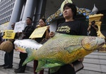 Villagers hold a model of a fish, fish-shaped signs and placards while they pose for photographers at Thailand's Administrative Court in Bangkok June 24, 2014. A Thai court accepted a lawsuit against state-owned Electricity Generating Authority of Thailand (EGAT) and four other state bodies on Tuesday for agreeing to buy electricity from a $3.5 billion hydropower dam being built in neighbouring Laos. The Xayaburi dam, which will be the first on the main stream of the Mekong River in Southeast Asia, is at the heart of landlocked Laos's ambitions to supply power to the region, with Thailand set to buy around 95 percent of the electricity generated. Activists say the project threatens the livelihood of tens of millions who depend on the river's resources. REUTERS/Chaiwat Subprasom (THAILAND - Tags: ENERGY ENVIRONMENT CIVIL UNREST CRIME LAW POLITICS BUSINESS) - RTR3VEYD