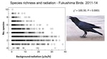 福島地區鳥類的種類跟輻射值關係，背景輻射愈多，鳥的種類愈少。 圖片提供：Timothy Mousseau