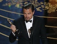 Leonardo DiCaprio accepts the Oscar for Best Actor for the movie "The Revenant" at the 88th Academy Awards in Hollywood
