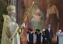 Russian Prime Minister Dmitry Medvedev and Patriarch of Moscow and All Russia Kirill attend Orthodox Christmas service in Moscow