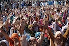 Demonstrators from the Jat community shout slogans as they block the Delhi-Haryana national highway during a protest at Sampla