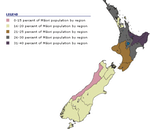 紐西蘭各地區毛利母語人口比例圖（數字為百分比，左上角顏色列表由上到下，比例逐漸升高）｜圖片來源：New Zealand History