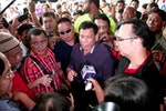 30 Nov 2015, Manila, Luzon Island, Philippines --- Nov. 30, 2015 - Philippines - Mayor Duterte answers ambush interviews as he makes his way in to the hotel's lobby. Davao Mayor Rodrigo Duterte formally made his proclamation to run for president in ..next year's national elections at the Century Park Sheraton Hotel in Malate, Manila. ..A staunch supporter of the death penalty, Mayor Duterte is also known, and have ..admitted in front of the media, to have personally killed known criminals in Davao ..City, has two wives and two girlfriends, and have recently cursed the Pope for ..causing him inconvenience while stuck on a traffic jam during Pope Francis' visit ..last January in Manila. (Credit Image: © J Gerard Seguia via ZUMA Wire) --- Image by © J Gerard Seguia/ZUMA Press/Corbis