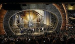 Oscar winners gather on stage after the end of the awards ceremony at the 88th Academy Awards in Hollywood