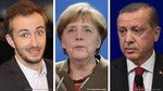 由左至右：以詩作諷刺土耳其總統的德國電視節目主持人波梅曼（Jan Böhmermann）、德國總理梅克爾、土耳其總統艾爾多安