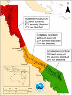 大堡礁空拍調查911個礁體的結果示意圖。紅：大堡礁北端的白化情形最為嚴重，嚴重白化的珊瑚礁比例高達81%;黃：大堡礁中段，嚴重白化的珊瑚礁佔33%;綠：大堡礁南端，珊瑚白化的情況較為和緩，有25%的珊瑚礁沒有白化。圖片來源：ARC Centre of Excellence for Coral Reef Studies / Tom Bridge and James Kerry