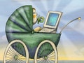 Baby in Buggy Using Laptop Computer