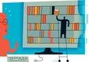 A computer screen with bookshelves and a man on ladder leaning against it to symbolize an online librarian