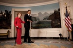 President Barack Obama escorts former First Lady Nancy Reagan in the Diplomatic Room of the White House June 2, 2009, for the announcement and signing of the Ronald Reagan Centennial Commission Act--commemorating the late President's 100th Birthday in 2011. (Official White House Photo by Lawrence Jackson)This official White House photograph is being made available for publication by news organizations and/or for personal use printing by the subject(s) of the photograph. The photograph may not be manipulated in any way or used in materials, advertisements, products, or promotions that in any way suggest approval or endorsement of the President, the First Family, or the White House. 