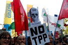 Activists shout slogans during a protest against the TPP and Monsanto Co, at Santiago