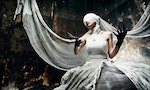 Shot of a twilight girl in white dress. Halloween, horror. death 