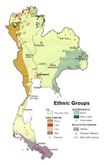 泰國境內的語言分布，不同顏色表示不同語系語族。