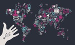 Social media icons set in World Map shape with one USB white hand over black background. Vector file available.