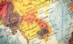Vintage Map Kampuchea ,Cambodia.  Close-up macro image of South East Asia  map . Selective focus on Cambodia