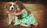 Little girl hugs her dog outdoors 