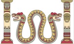 Aztec god as a snake between columns, colored illustration
