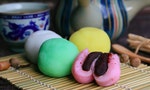 Mochi japanese dessert red bean colorful and hot tea
