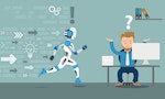 Running robot cartoon with businessman in an office on the gray background. Eps 10 vector file.