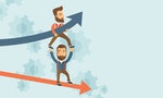 Two hipster Caucasian businessmen with beard with red and blue arrow. Blue is for success and red is for failure in business. Team building. A contemporary style with pastel palette soft blue tinted b