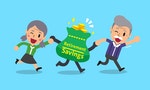 Cartoon senior people with retirement savings bag for design. — Vector by Jaaak