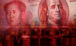 Downtrend stock diagram, Face of Mao Zedong on RMB (Yuan) 100 bill, With Face of Benjamin Franklin from one hundred dollars bill