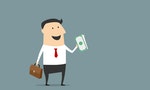 Happy businessman with briefcase and money in cartoon style for business design