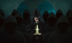 Asian witch woman inside old castle in the dark room praying with black hoodie people