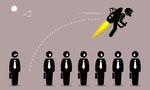Businessman flying away with a jetpack from his colleague.– stock illustration