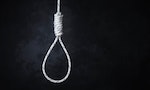 Noose hanging in front of a dark wall.